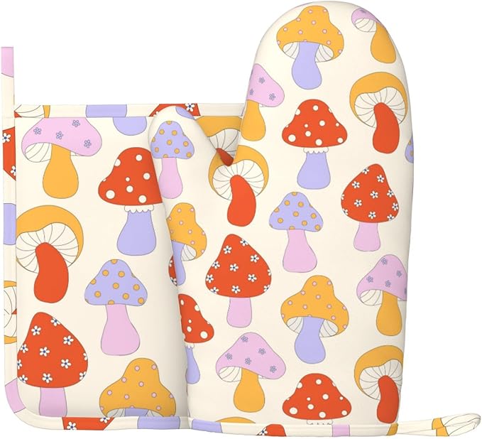 Mushroom Trendy Cute Pop 70s Oven Mitts and Pot Holders Set of 2 Silicone Heat Resistant Oven Mitten Potholders Non Slip Gloves Kitchen Decor for BBQ Cooking Grilling Baking