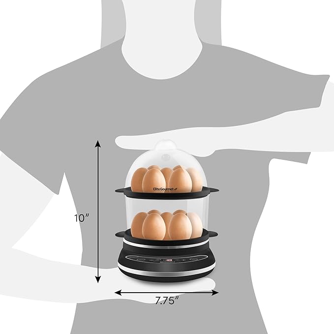 Elite Gourmet EGC314CB Digital Easy Egg Cooker Food Steamer, Poacher, Omelet, Soft, Medium, Hard-Boiled Egg with 6 Programmed Preset Functions, 2-Tiers, Measuring Cup, 14 egg capacity, Black