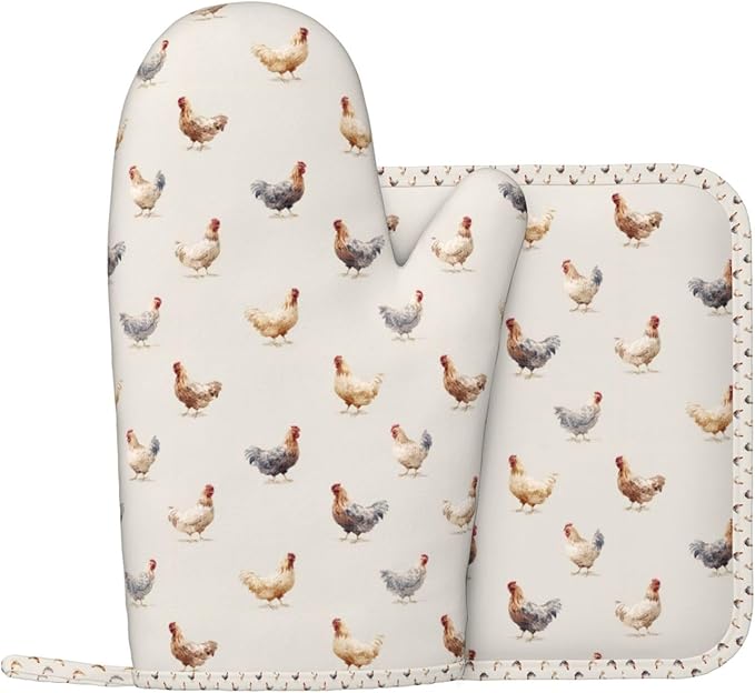 Oven Mitts and Pot Holders Chicken Pattern Silicone Kitchen Accessories Set of 2 Heat Resistant Long Gloves Potholder Non-Slip Grip for Chef Cooking,Baking,Grilling,BBQ