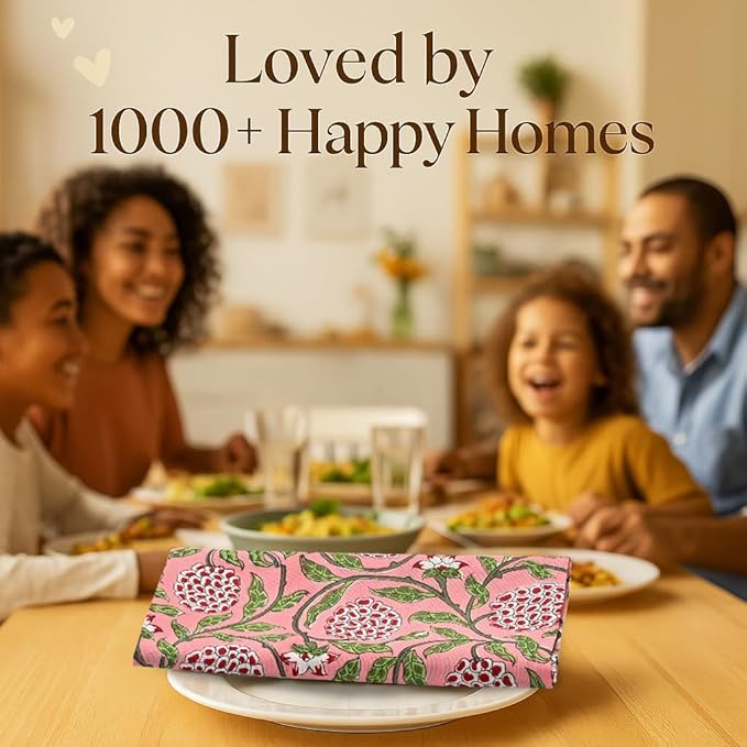 Ridhi Strawberry Pink Hand Block Print 100% Cotton Napkins 18" x 18" (Set of 4) Reuseable Kitchen Napkins Cloth Decor Dinner Party Wedding Cocktail Gift for Spring, Easter, Valentine