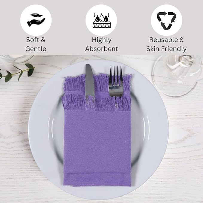 Cloth Dinner Napkins with Fringes 20x20 Inch 100% Cotton Set of 6 - for Dining Special Occasions Wedding Holidays Easter - Soft Durable Washable - Elegant Table Cloth Napkins Lavender/Purple