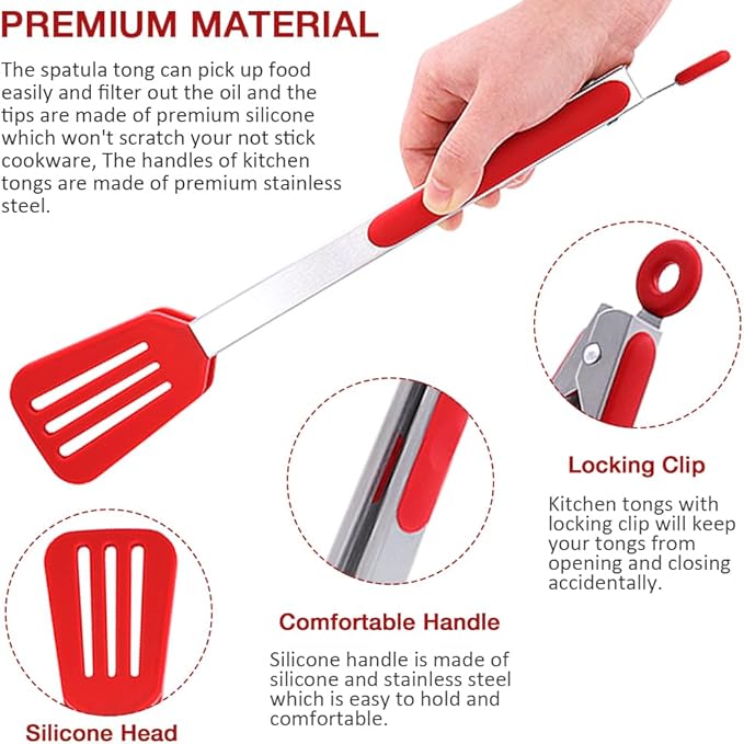 12 Inch Kitchen Tongs Set of 3, Cooking Tongs with Silicone Tips and Stainless Steel Handle, Tongs for Cooking, Baking, Grilling(Red)