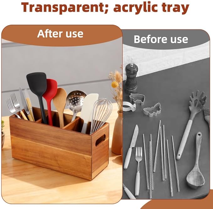Wooden Utensil Holder for Kitchen Counter, 12'' Extra Large Acacia Kitchen Utensil Holder with 3 Removable Compartments, Wood Utensil Organizer Storage for Cooking Tools and Cutlery