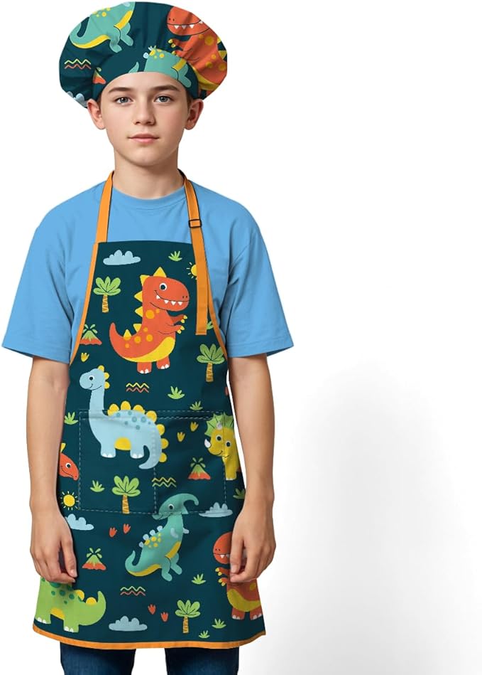 SANDJEST Kids Apron with Chefs Hat Set, Kitchen Apron Gifts