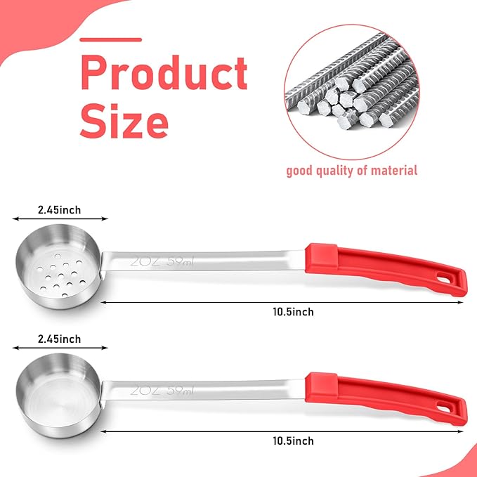 Teenyyou 8 Pcs Portion Control Serving Spoons Portion Scoops Cups Solid and Slotted Stainless Steel Ladle Spoon for Food, Serving Utensils Set for Parties(Red,2 oz)