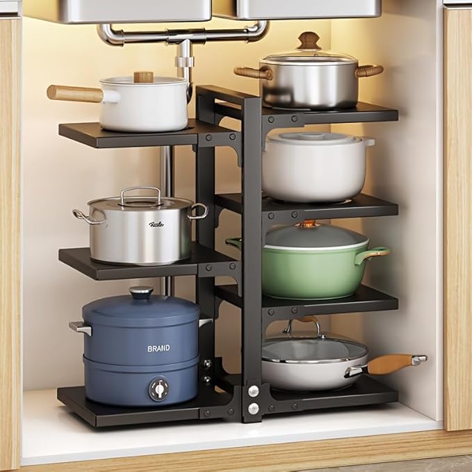 adjustable Pot and Pan Organizer for Cabinets - kitchen cabinet No Drill Storage Rack, Fits 24 Inch Deep Shelves, Space Saving Under Shelf Design (each layer Max Load 15lbs)