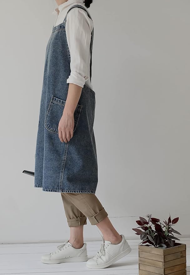 Denim Apron with Large Pockets for Cooking Kitchens, Gardening Aprons for Women Men, Bib Jean Apron for Arts Cafe Work (Style B, Deep Blue)