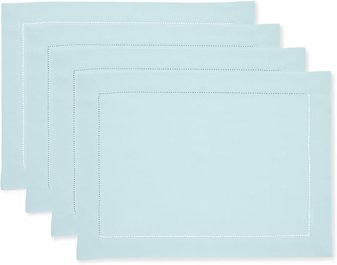 Solino Home Linen Cloth Placemats Set of 4-100% Pure Linen Hemstitch Aqua Blue Placemats 14 x 19 Inch - Classic Hemstitch Table Place Mats for Spring, Summer, Mothers Day