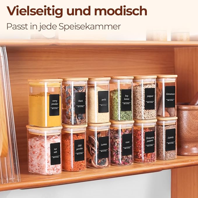 Comsaf Spice Jars with Label，8 oz Small Glass Jars with Lids, 6 Pcs Seasoning Containers, Rectangle Glass Containers with Lids, Empty Seasoning Jars for Pantry Storage, Loose Tea, Herbs, Powders, Salt