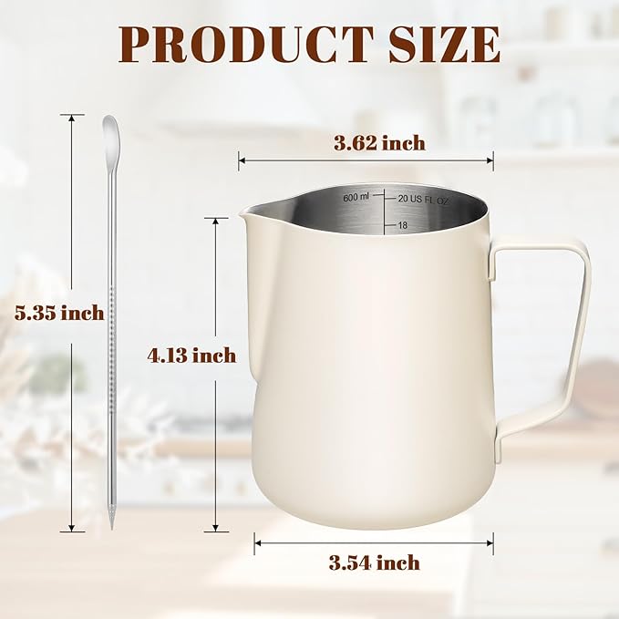 Amrules Milk Frothing Pitcher, 20oz Milk Frother Cup with Clear Scale, 304 Stainless Steel Cappuccino Espresso Machine Accessories for Barista Coffee Bar with Latte Art Pen, White