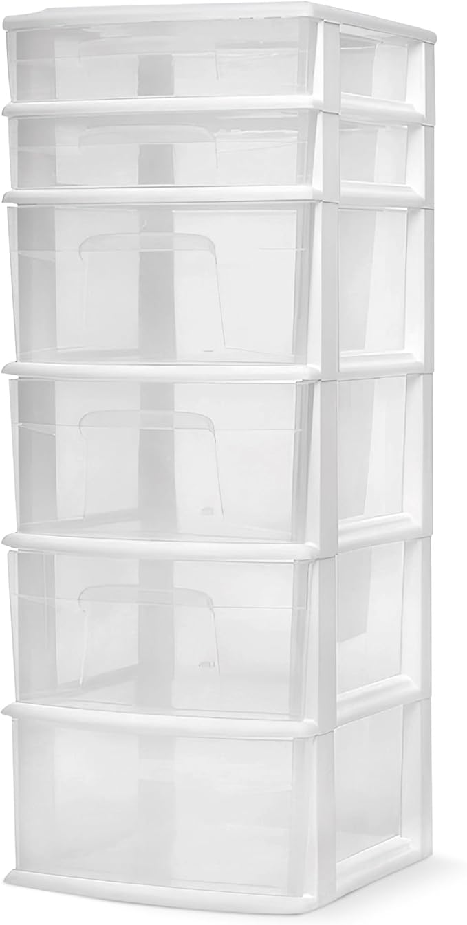 HOMZ Drawer Tower, 6-Tier Clear Plastic Storage Organizer Cart, White Frame - Heavy-Duty Organizing Drawers for Home, Bedroom, and Closet Organization