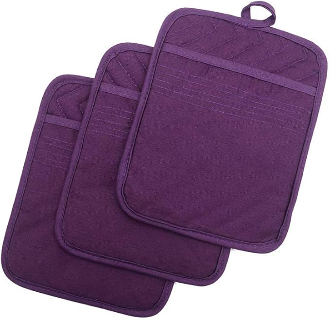 Anyi Pot Holders for Kitchen Heat Resistant, Cotton Hot Pads for Counter Table, Purple Kitchen Pot Holders with Pocket