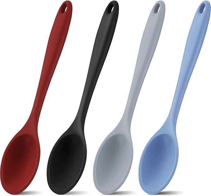 Shappy 4 Pieces Silicone Cooking Spoons 10.6 Inch Heat Resistant Kitchen Spoons for Mixing, Serving and Stirring Upgrade Large Non Stick Basting Utensils, Dishwasher Safe(Spoon,Fashionable Color)