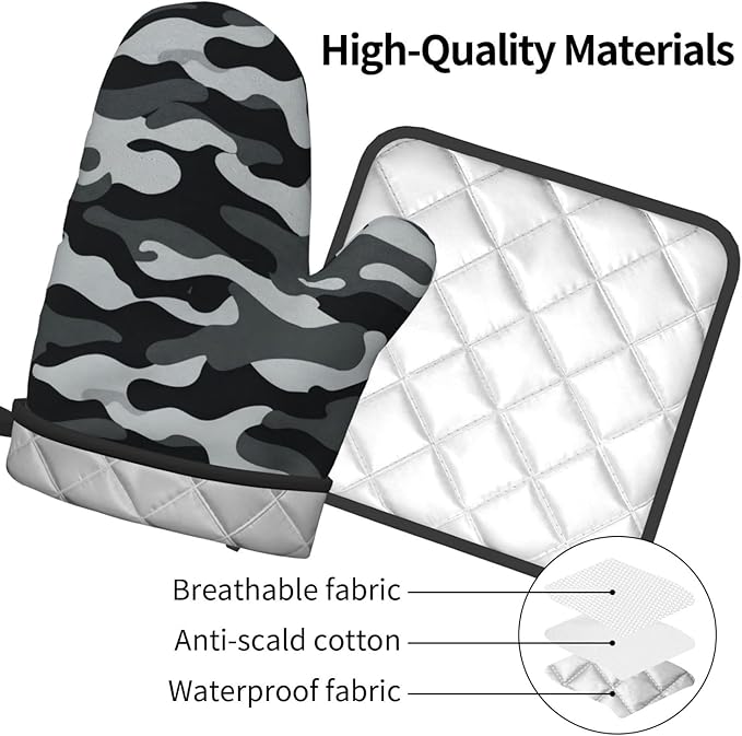 Black and Gray Gcamouflage Oven Mitts and Pot Holders Heat Resistant Oven Mitts Safe for Baking Cooking BBQ