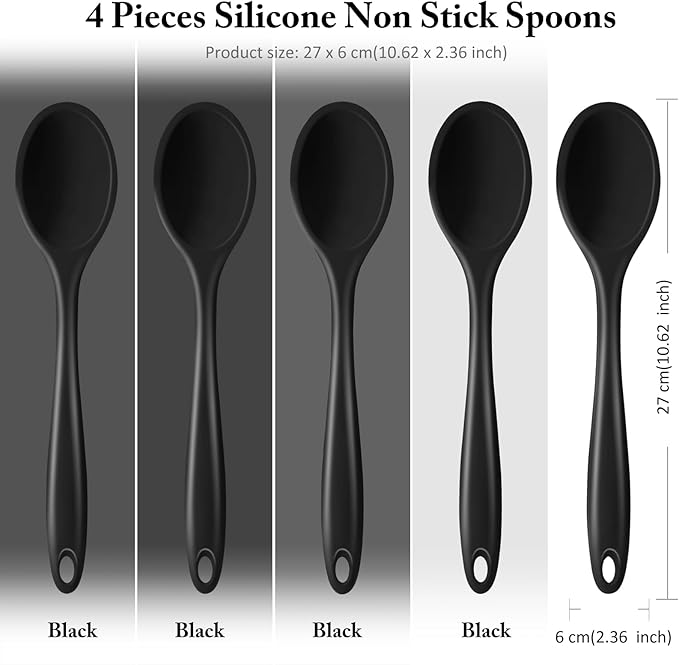Shappy 4 Pieces Silicone Cooking Spoons 10.6 Inch Heat Resistant Kitchen Spoons for Mixing, Serving and Stirring Upgrade Large Non Stick Basting Utensils, Dishwasher Safe(Spoon,Black)