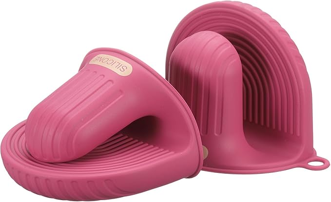 uxcell 2 Pcs Silicone Oven Mitts, Heat Resistant Mini Oven Gloves Silicone Pot Holders Mini Finger Protector Cooking Pinch Grips for Air Fryer Kitchen Cooking & Baking, Rose Red
