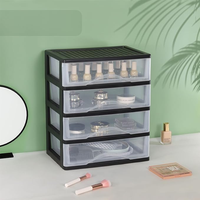 BYCY Medium 4 Drawer Clear Stacking Desktop Organizer for Office Supplies,Stackable Storage Drawers Plastic Storage Bins For Kitchen Cabinets, Pantry, Home Organization (Black, Medium 4Drawer)