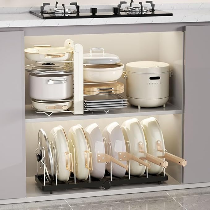 Pots and Pans Organizer under Cabinet,15.35" Height 8 Tier Pot Organizers Rack,Heavy-Duty Pot & Pan Organizer,Adjustable Pan Organizer under Cabinet Kitchen Organization and Storage,White