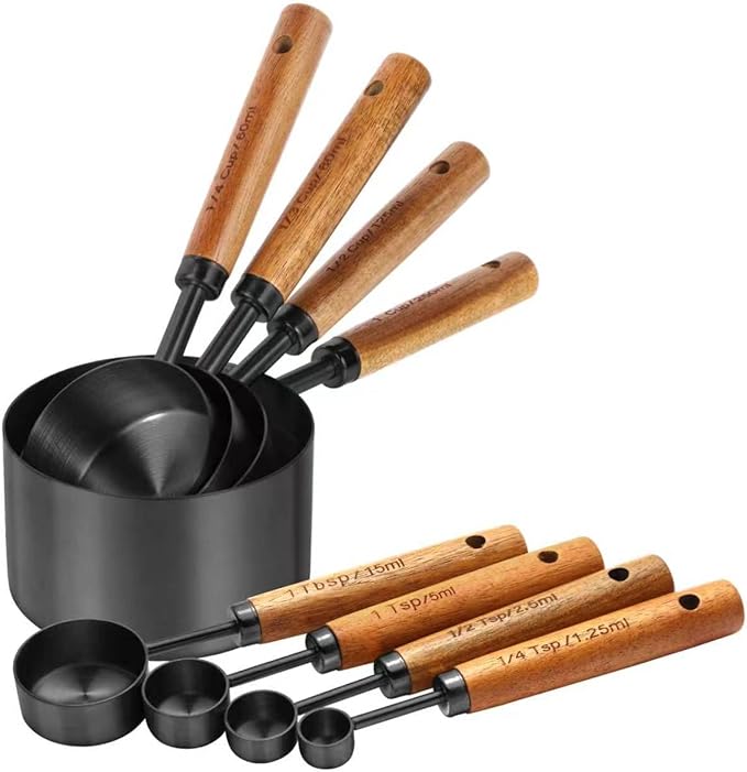 Black Measuring Cups and Spoons Set,8 Piece Stainless Steel Measuring Cup with Wood Handles for Cooking and Baking in the Kitchen