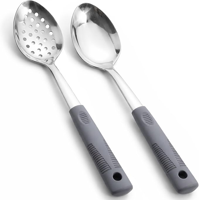 Stainless Steel Serving Spoons & Slotted Spoons Set, with Non-Slip Silicone Handles,2-Piece Metal Serving Spoon, Slotted Metal Spoon for Home Kitchen, Parties & Daily (Dark gray)