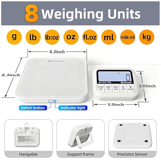 UNIWEIGH Digital Kitchen Food Scale 33lb-Detachable LCD Display,1g/0.1oz Precise Electronic Weight Scale for Baking, Tare/Hold/Timer Function, Glass Platform, Count Mode, Wall-Mount & Tilt Stand
