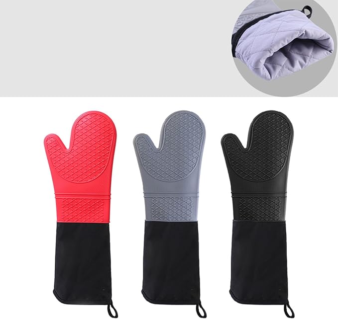 Linwnil Extra Long Silicone Oven Mitts Heavy Duty Commercial Grade Oven Mitts Heat Resistant BBQ Gloves with Quilted Cotton Lining 2 Pack (Red)