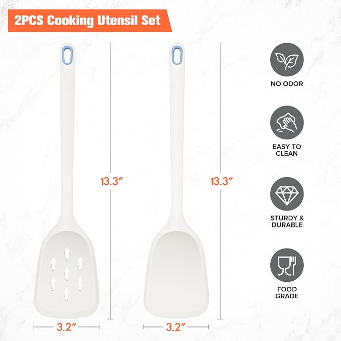 Silicone Cooking Spatula&Slotted Spatulas, Pack of 2,Solid Turner Kitchen Utensils Set for Cooking,Frying, Baking, Flipping, Turning,Heat Resistant 450℉ (White)