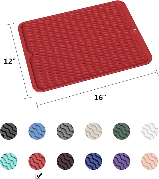 ZLR Silicone Dish Drying Mat & Heat Resistant Trivet (12" x 16") - Waterproof Counter Protector for Air Fryer, Coffee Maker - Non-Slip, BPA Free Kitchen Pad, Easy Clean Dishwasher Safe (Lava Red)