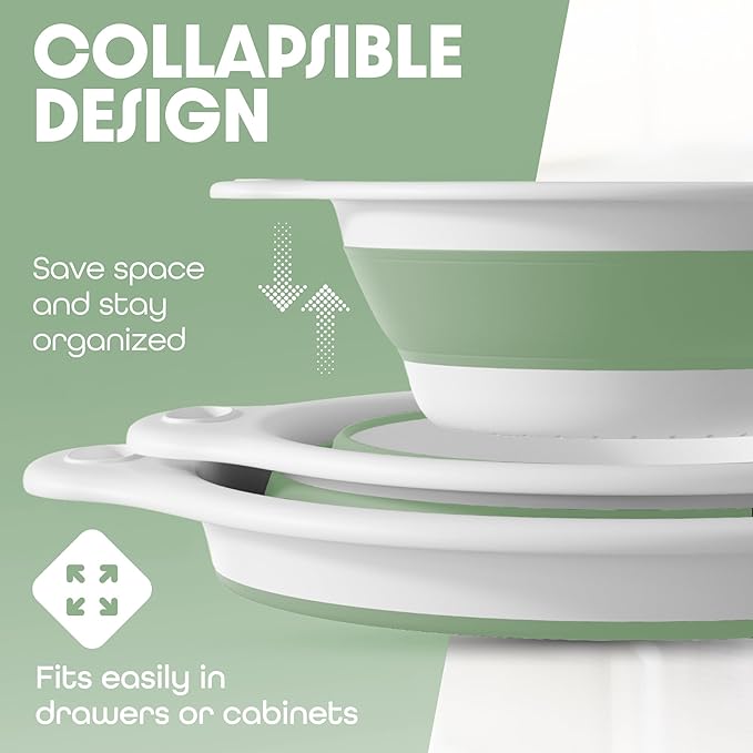 Gevoli Collapsible Colanders (3 Pack Set) Food Strainers with Over-Sink Water Draining Base for Pasta Fruits and Vegetables, White/Sage (3 Sizes, 3QT, 4QT and 5 Quart)