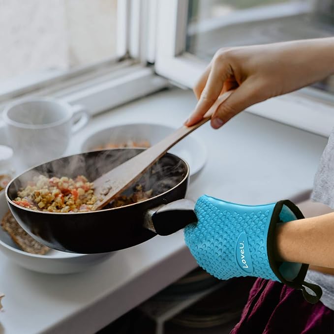 Kitchen Oven Gloves - Dual-Layer Heat Resistant Grilling Gloves, Silicone Oven Mitts with 5 Fingers, Waterproof Non-Slip Pot Holder for Barbecue, Cooking, Baking (Blue)