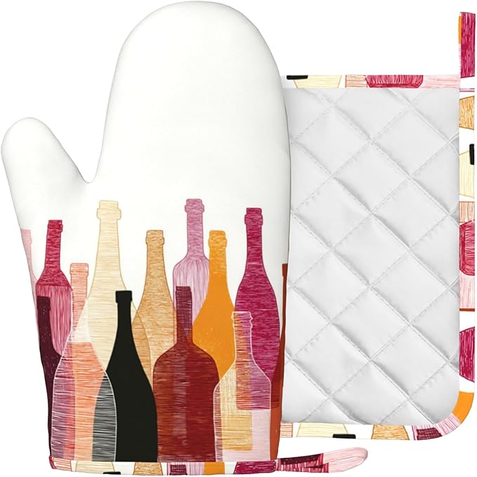 Red Wine Bottle Oven Mitts and Pot Holders Sets Non-Slip Silicone Surface for BBQ Gloves,Kitchen,Cooking,Baking,Grilling