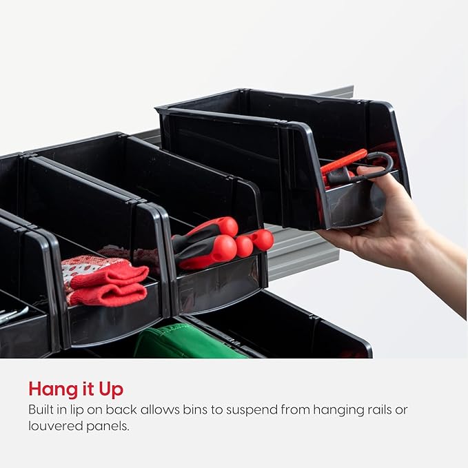IRIS USA Medium Stackable Storage Bins, 8-Pack, 11" L x 6" W x 5" H, |Made in USA|, Plastic Open Front Shelf Bin for Organizing Parts, Hardware, Tools, Supplies, Garage Shelf, Pantry - Black