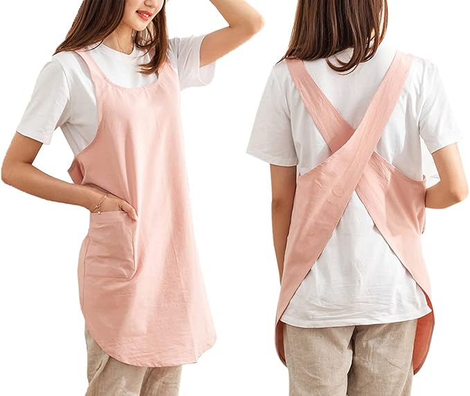 Cotton Cross Back Aprons Solid Color Cooking Kitchen Garden Smock for Women Girls with Pockets