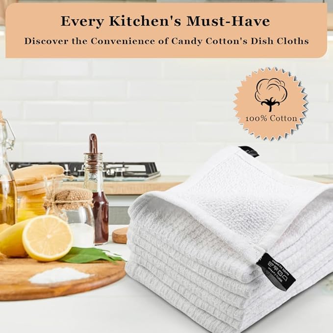 DishCloths Kitchen|Waffle Terry Weave Hand Towels|Cotton 12"x12" Reusable Dish Rags Washing Scrub Cleaning Dishes|Dish Bar Mop Towels Hand Wipes| washcloth |6 Pc Set-White