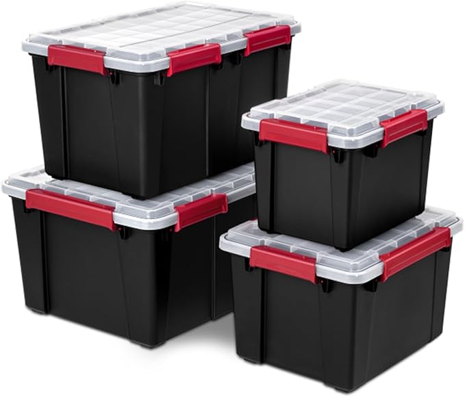 Sterilite 8 Pack Gasket Box, Stackable Plastic 20 Gallon Storage Container with Lids, Black - Waterproof and Dustproof Tote for Home Organization