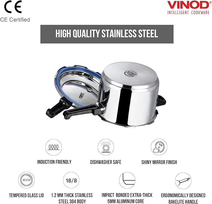 Vinod Pressure Cooker Stainless Steel – Outer Lid - 5 Liter – Induction Base Cooker – Indian Pressure Cooker – Sandwich Bottom – Best Used For Indian Cooking, Soups, and Rice Recipes, Quinoa