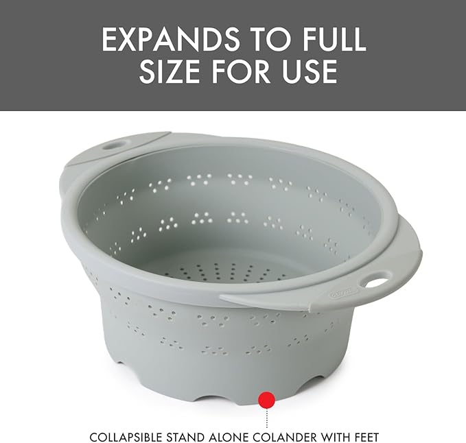 Dexas 10" Collapsible Silicone Colander in Sage, Kitchen Strainer with Handles, 15.1 Cup Capacity | BPA-Free, Heat-Resistant, Space-Saving Kitchen Tool