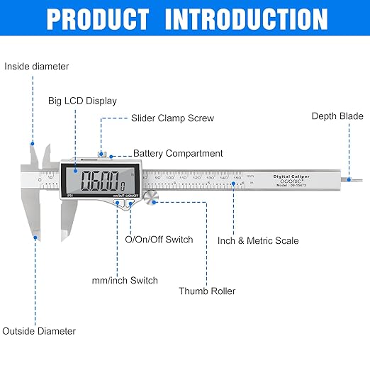 Adoric Digital Caliper, Caliper Measuring Tool Stainless Steel Vernier Caliper Digital Micrometer with Large LCD Screen, Easy Switch from Inch Metric Fraction, 0-6" Caliper Tool for DIY/Household