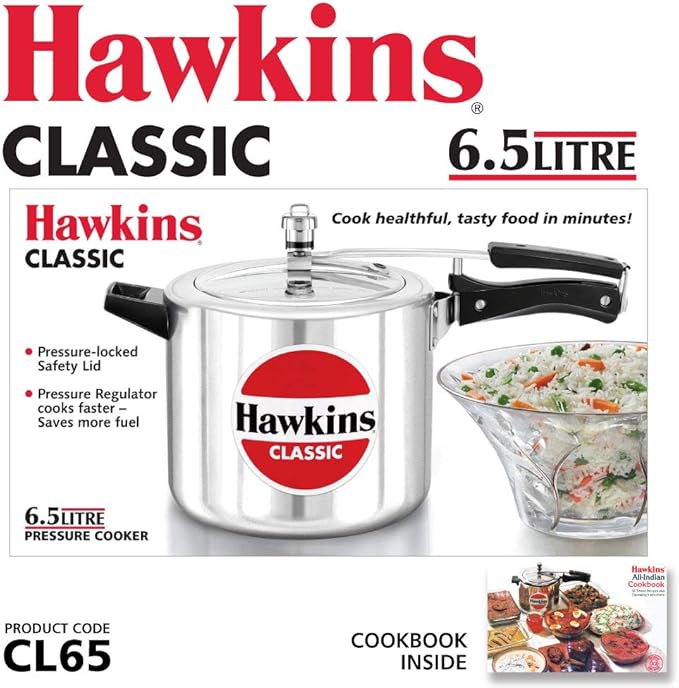 Hawkins 6.5 Litre Classic Pressure Cooker, Best Inner Lid Cooker, Silver (CL65)