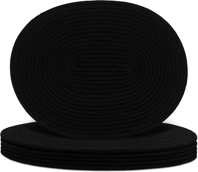 Oval Woven Placemats Set of 6, Boho Cotton Rope Braided Table Mats, 17x13 Inches Non Slip Heat Resistant Place Mats for Dining Room, Thick Hot Pads for Farmhouse Kitchen Table Decor. (Black)
