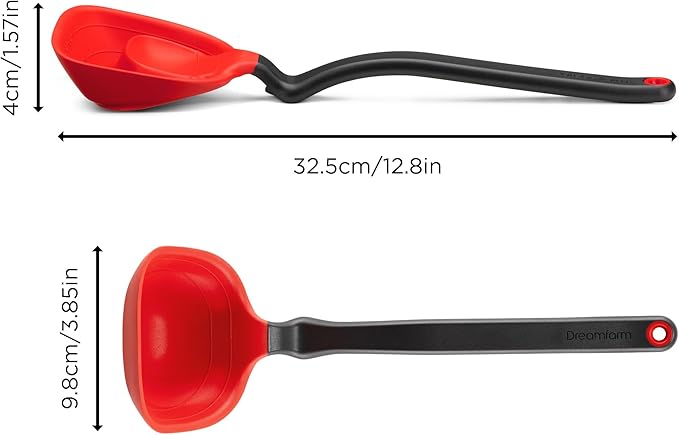 Dreamfarm Fladle Fold-Flat, Space-Saving Serving & Cooking Ladle Measures up to 1/2 Cup with Silicone Scraping Squeegee-Tip - 12" Red