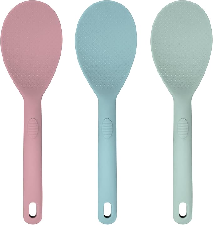 JS Gourmet 3 Pcs Colorful Silicone Rice Paddle, Heat Resistant Non-Stick Rice Spoon Spatula with Comfortable Handle for Cooking and Serving Mashed Potatoes, Scrambled Eggs, Sticky Bread Pudding