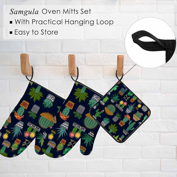 Cactus Oven Mitts and Pot Holders Sets Succulents Potted Plant Garden Nature Heat Resistant 3pcs for Cooking Baking BBQ