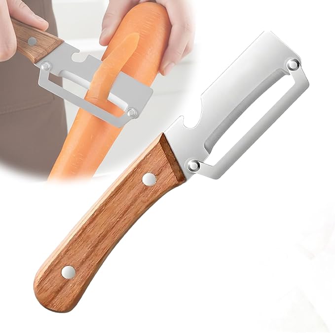 Sakerplus Multifunctional Vegetable Peeler,Multi Functional Premium Vegetable Peeler with Wooden Handle and Bottle Opener,Stainless Steel Blade Kitchen Tool (1)