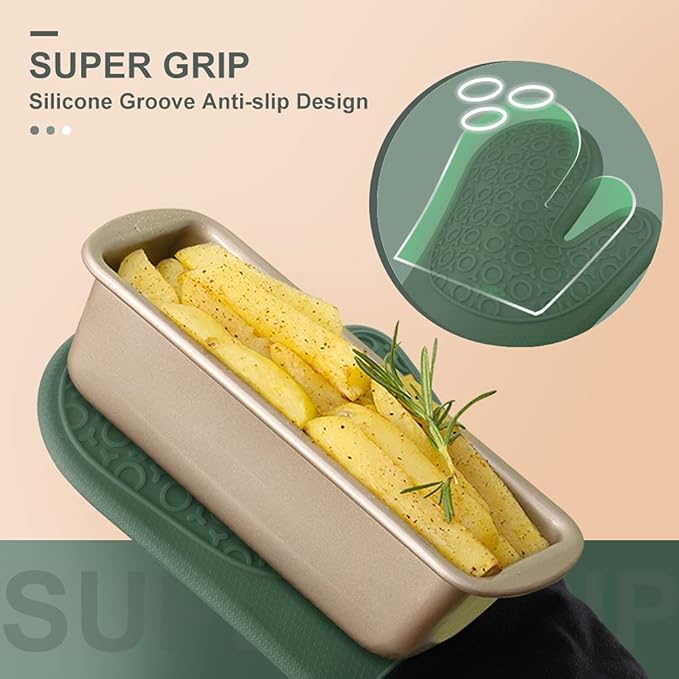 sungwoo 6pcs Silicone Oven Mitts and Pot Holders Sets, 14.6 Inch Heat Resistant Oven Gloves with Quilted Liner Non-Slip Textured Grip Perfect for BBQ, Baking, Cooking and Grilling Green