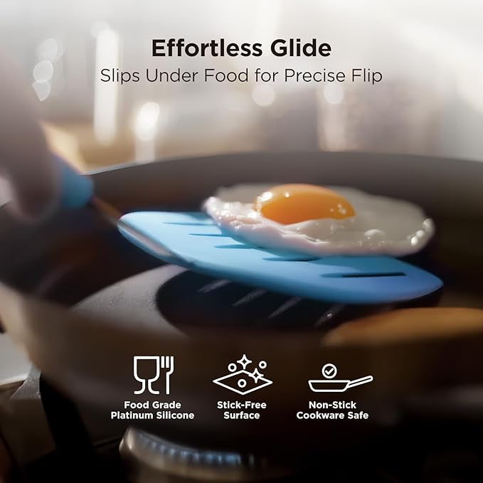 Kitchen Mama WaltzGrip Platinum Silicone Pancake Spatula Turner: Heat Resistant Flexible, Stainless Steel Core, Nonstick, Dishwasher Safe, Flipper – Ideal Kitchen Cookware for Eggs, Fish, Meat (Blue)