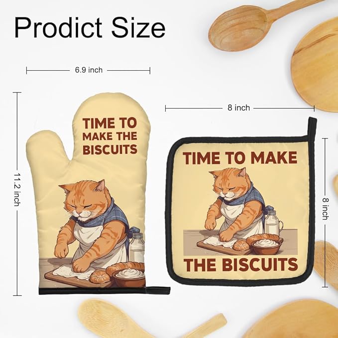 DYJYBMY Time to Make The Biscuits Funny Cat Oven Mitts and Pot Holder Set, Cute Kitchen Gadgets for Women Cat Lover, Housewarming Gifts for Hostess Cat Mom, Bake Lover Gifts for Mom Wife Sister BFF