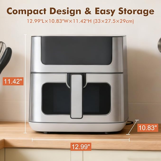 OLIXIS 6.34QT Air Fryer with Window, 8 Food Presets with 400°F Max Heat, 90-Min Timer, Nonstick Dishwasher-Safe Basket for Air Fry, Roast, Reheat, Bake, Stainless Steel, White