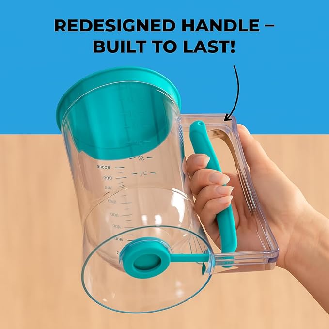 Pancake Batter Dispenser - Kitchen Must Have Tool for Perfect Pancakes, Cupcake, Waffle, Muffin Mix, Cake & Crepe - Easy Pour Baking Supply for Griddle - Pancake Maker with Measuring Label (Turquoise)