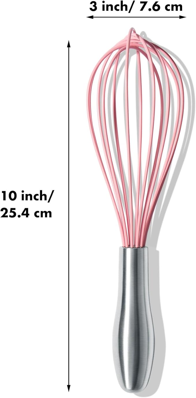 OYV 10-Inch Pink Silicone Whisk, Heat Resistant 480°F Kitchen Whisk with Stainless Steel Ergonomic Handle, Non-Scratch for Nonstick Cookware, Dishwasher Safe, Perfect for Blending, Cooking & Beating
